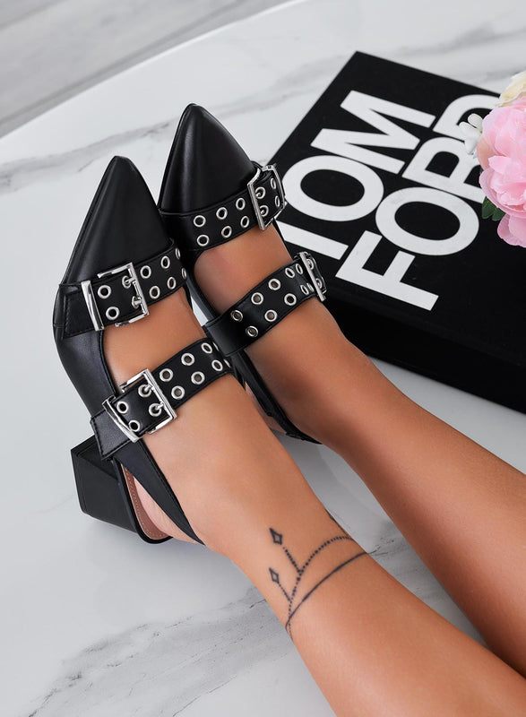 Ballerines noires pointues avec talon et boucles