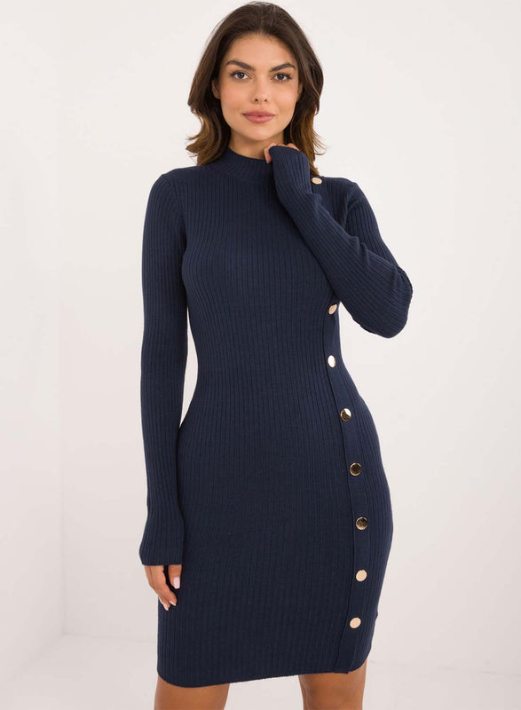 Blue ribbed dress with gold buttons