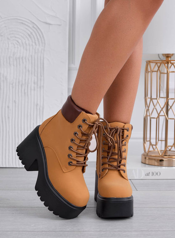 Bottines style militaire jaune moutarde avec semelle compensée