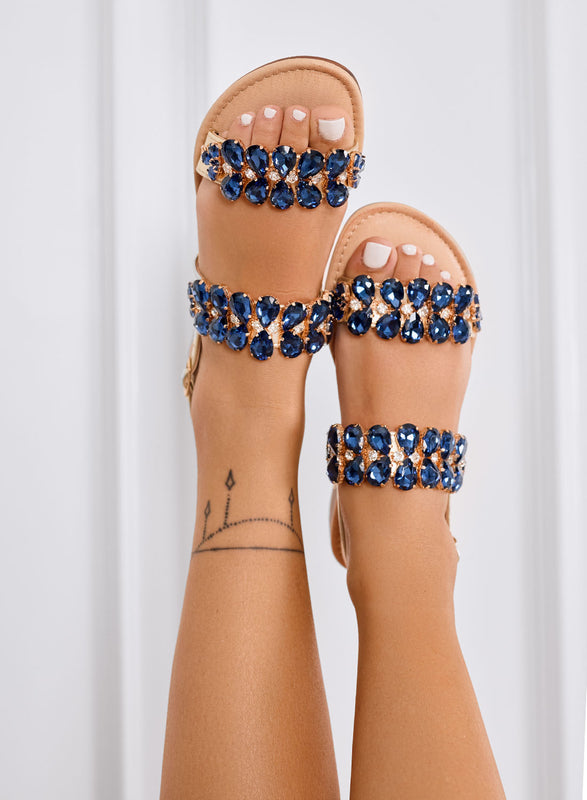 YASMINE - Sandalias doradas planas con piedras joya azules y correa