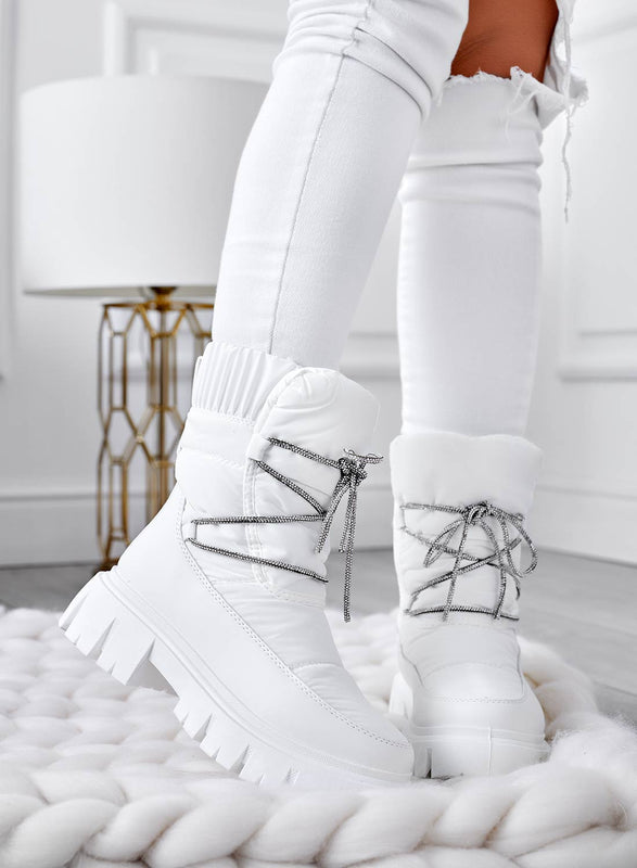 TINA - White padded ankle boots with rhinestone laces