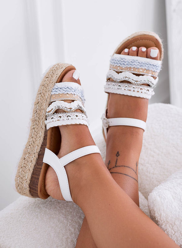 OLIVER - White espadrille sandals with wedge and rhinestones