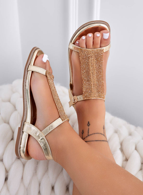 DESIREE - Gold flat sandals with rhinestone band