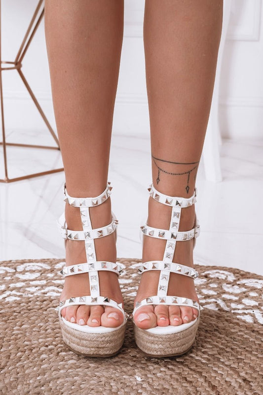 BETTA - White lace up sandals with silver studs and wedge