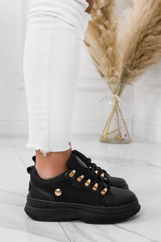 ELVIRA - Black sneakers with button and hooks in golden