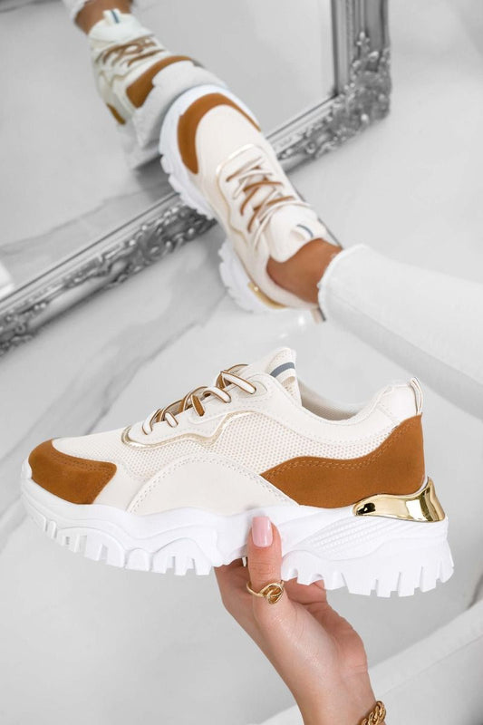 HENRY - White sneakers with camel and gold details