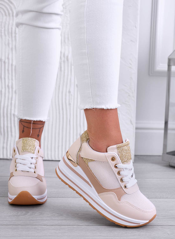 THEA - Beige sneakers with wedge and gold trim