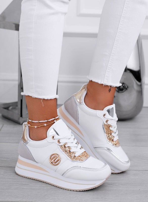 LOPEZ - White sneakers with gold glitter inserts