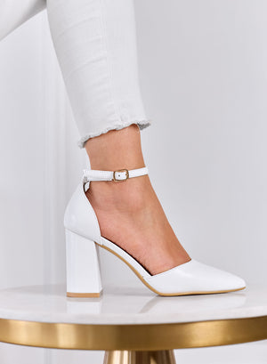 IRENE - Zapatos de tacón blancos con correa al tobillo y tacón ancho