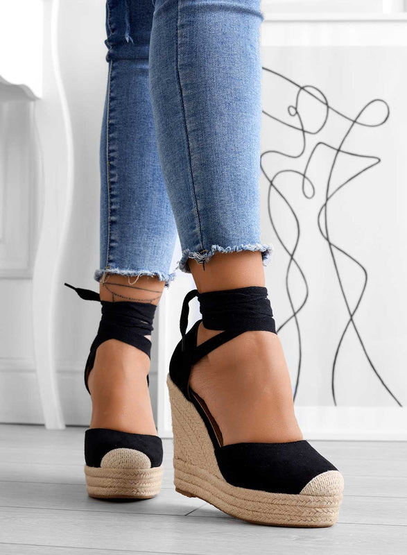 AMBRA - Black espadrilles with rope and lace wedge