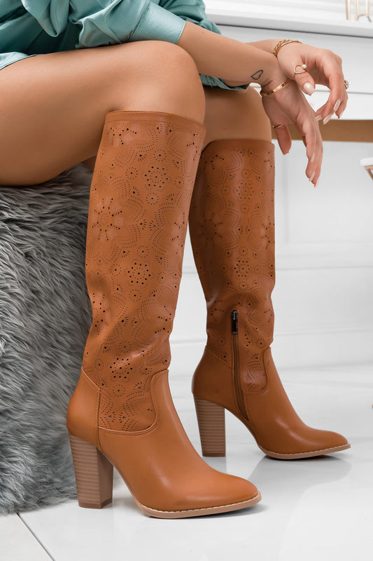 CHANTAL - Camel perforated faux leather boots with block heel