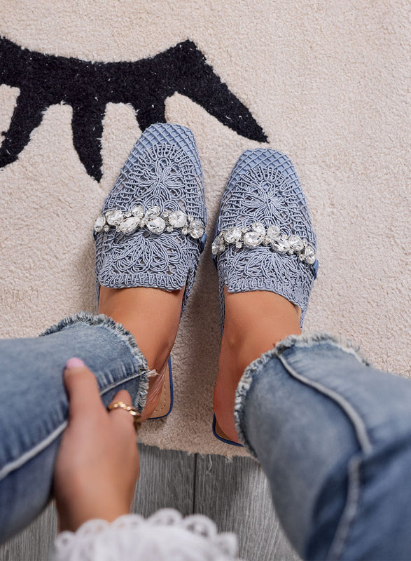 ORIETTA - Light blue lace mules with rhinestones and square toe