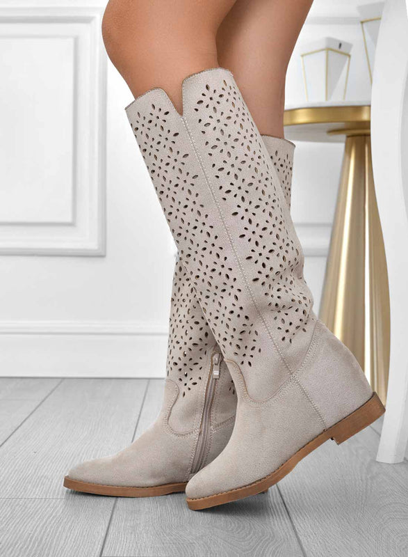 KYLA - Perforated beige boots with internal wedge