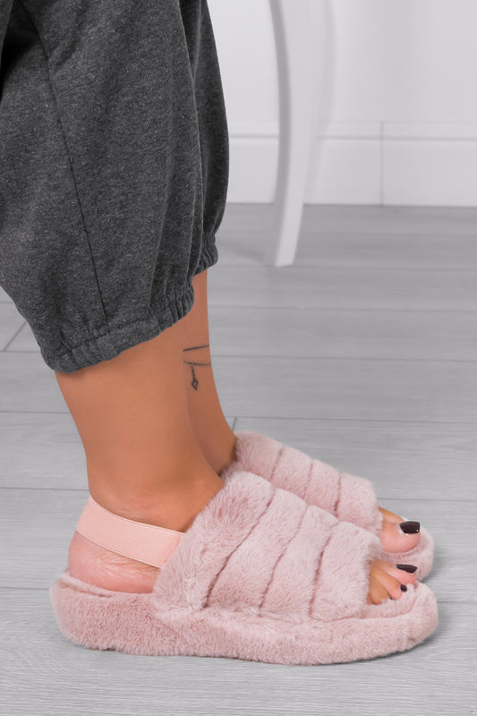 KEIRA - Pink faux fur slippers with elastic