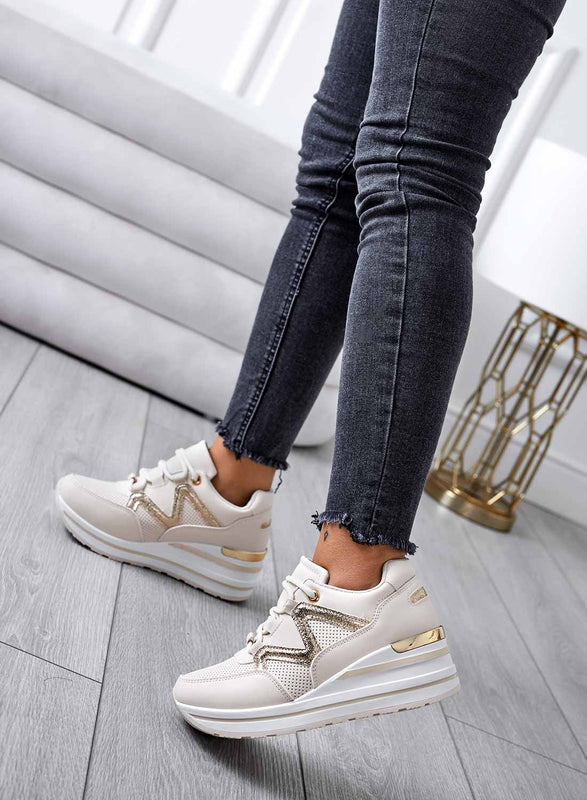 Beige wedge sneakers with gold inserts