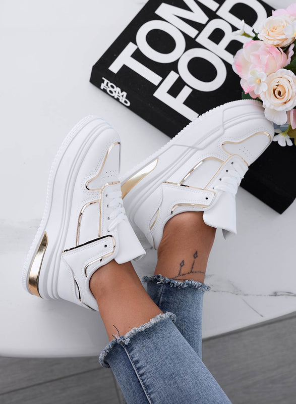 ROBBIE - White sneakers with laces and gold trims