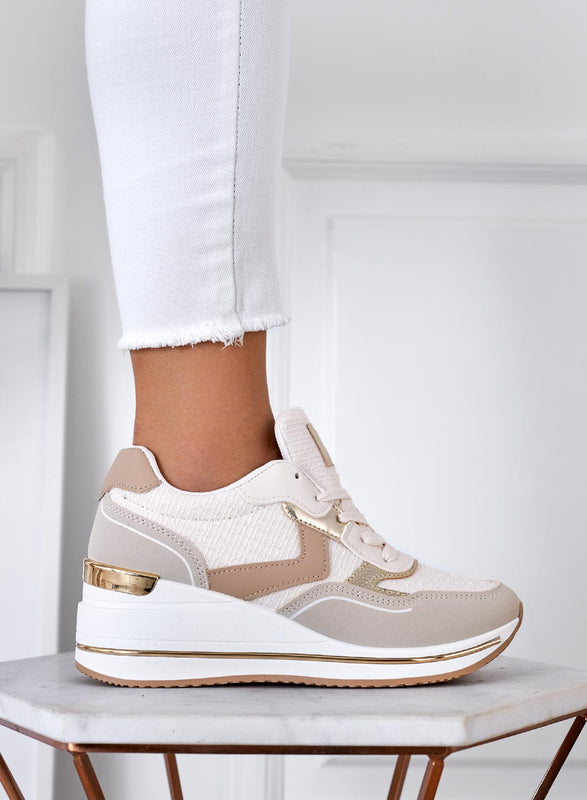 FIONA - Beige sneakers with contrasting panels and wedge heel