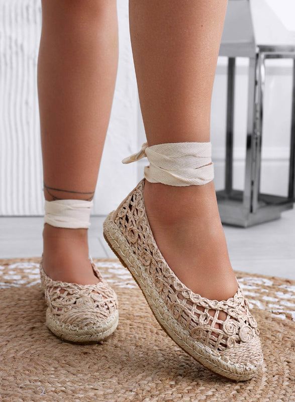 ANDY - Beige embroidered ballet flats with ankle strap