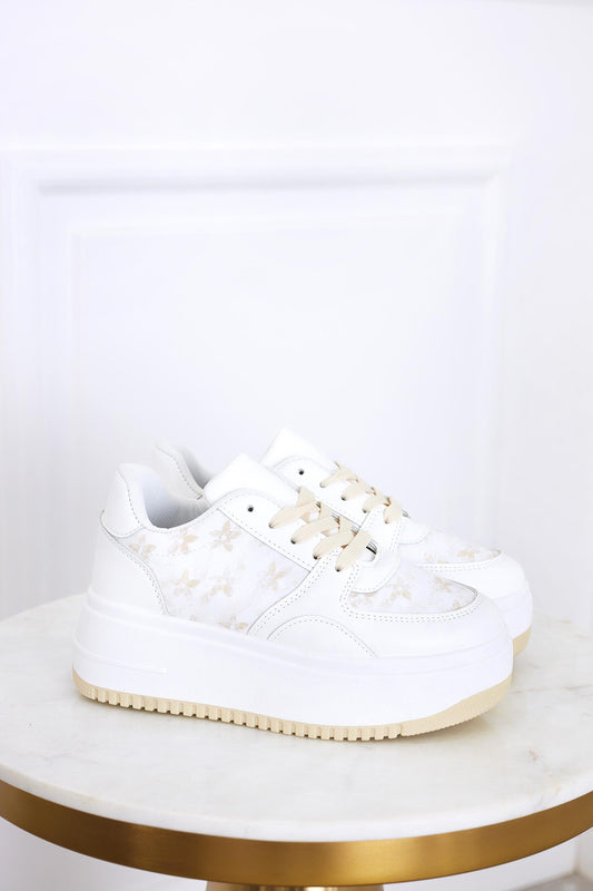 PEREZ - White sneakers with laces and beige inserts