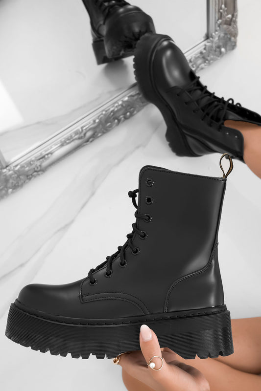 SANDRA - Black faux leather lace-up boots