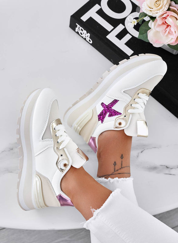 TYLER - White sneakers with fuchsia glitter inserts