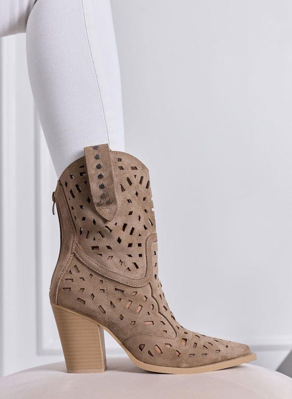 TIZIANA - Perforated Mud Texan Ankle Boots with Heel