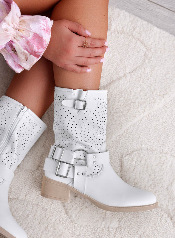 ASHLEE - Stivaletti bianchi traforati con fibbia