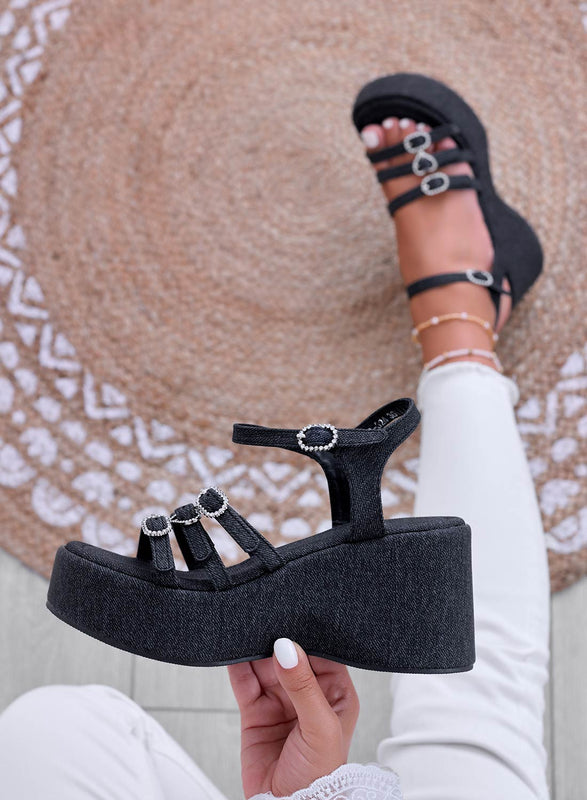 MORGAN - Black jeans print sandals with wedge and rhinestone buckles