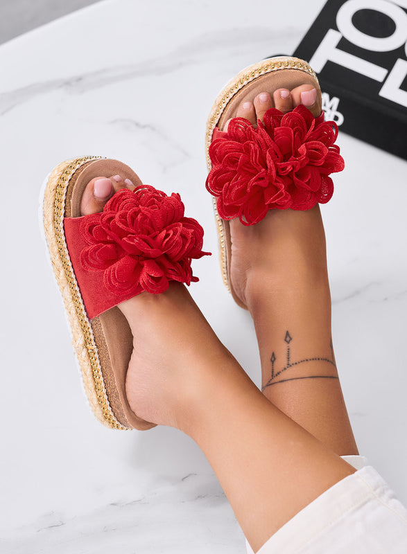 ELEONORA - Red sandals with maxi flower and rope platform sole