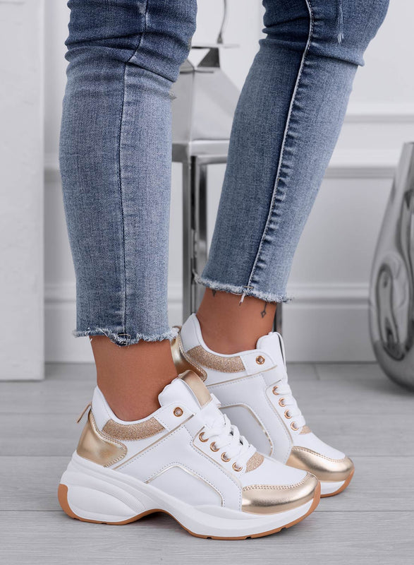 PATTY - Baskets blanches avec empiècements pailletés or