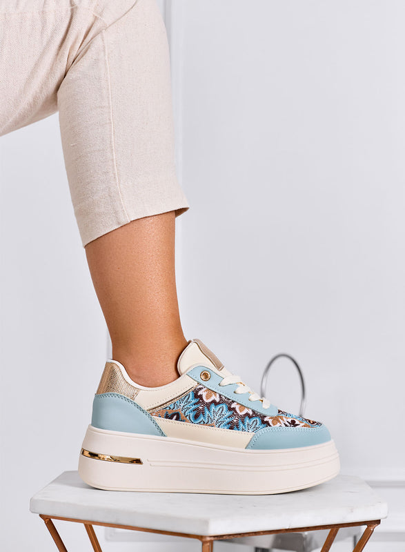 PRAGA - Blue platform sneakers with patterned fabric inserts