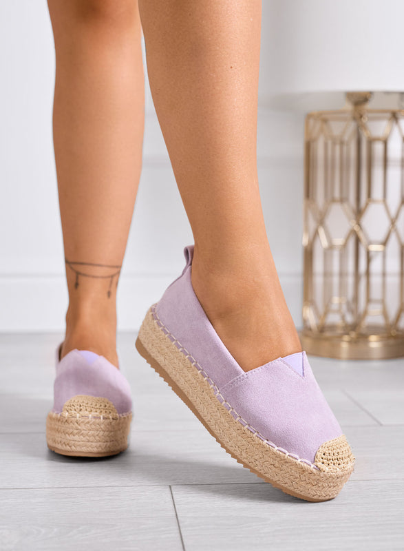 MAGDA - Lilac platform espadrilles with crochet toe and rope sole