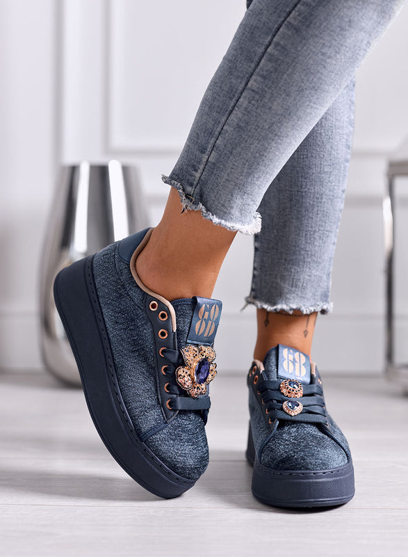 NINFA - Blue platform sneakers in laminated fabric with jewel embellishment