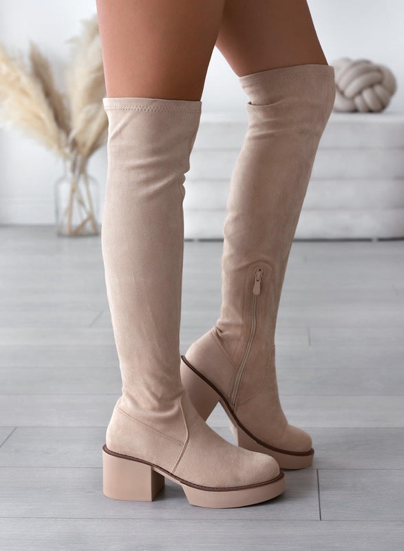 SLOANE - Alexoo beige suede over-the-knee boots
