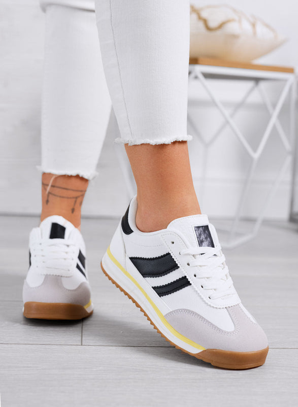 JUNO - White fabric sneakers with black details and rubber sole