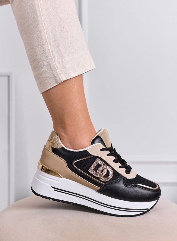 ESTER - Black Platform Sneakers with Gold Details and Jewel Logo