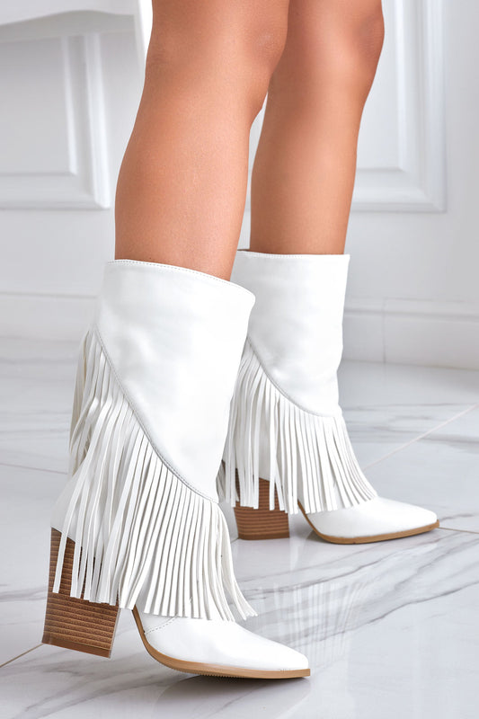 PETRA - White ankle boots with comfortable heel and fringes