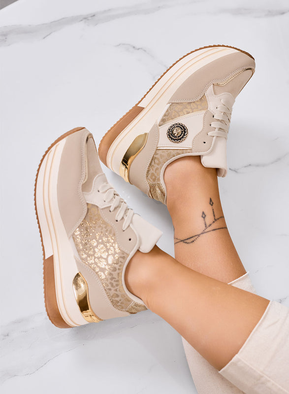 BAHIA - Baskets beiges avec application bijou et semelle plateforme