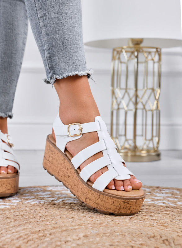 MATILDE – White wedge platform sandals with cork-effect sole