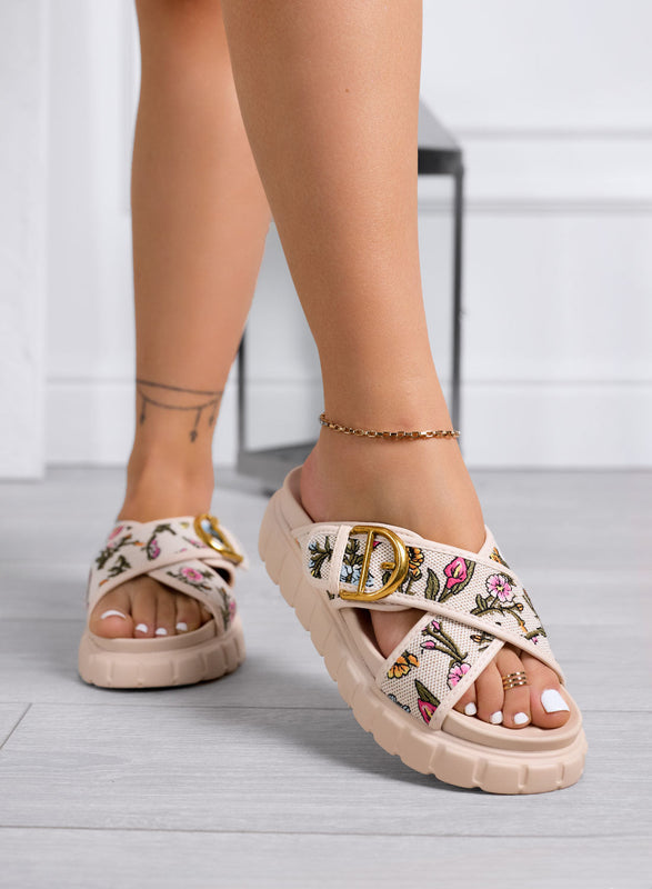 AXIDIE – Beige slide sandals with chunky sole and floral print straps