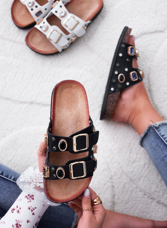 GIULIA - Black slipper sandals with stones and buckles