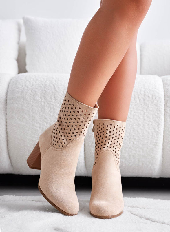 MAYBE - Beige perforated ankle boots with high heel in faux wood