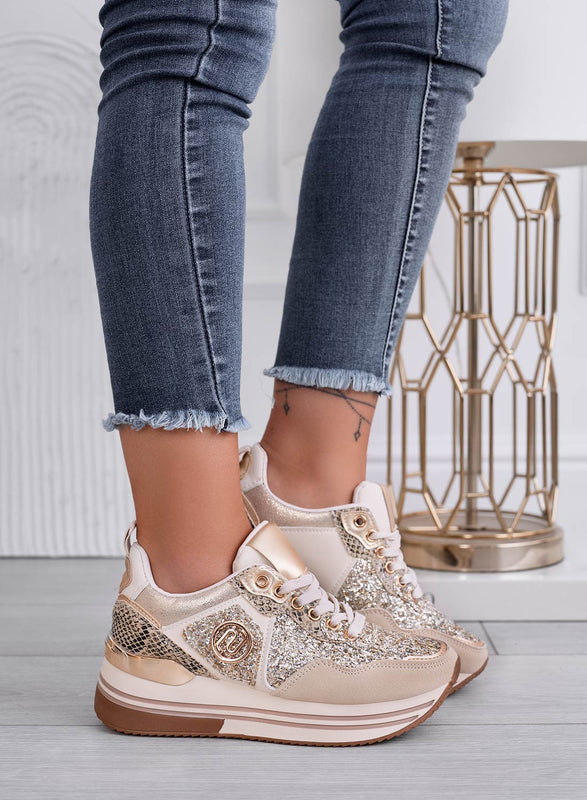 ALISHA - Beige sneakers with gold glitter inserts