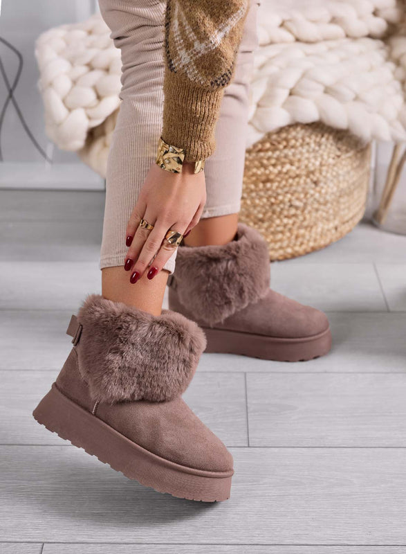 LIAA - Brown ankle boots for women, padded with soft faux fur