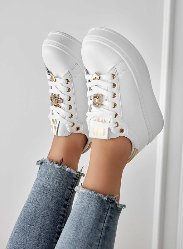 SABINA - White sneakers with jewel applications and gold back