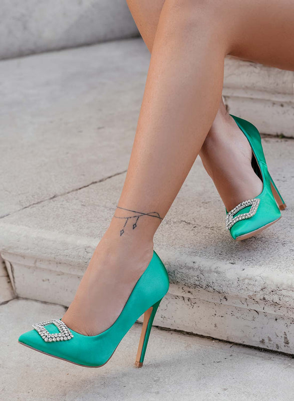 JANET - Alexoo green satin pumps with jewel application