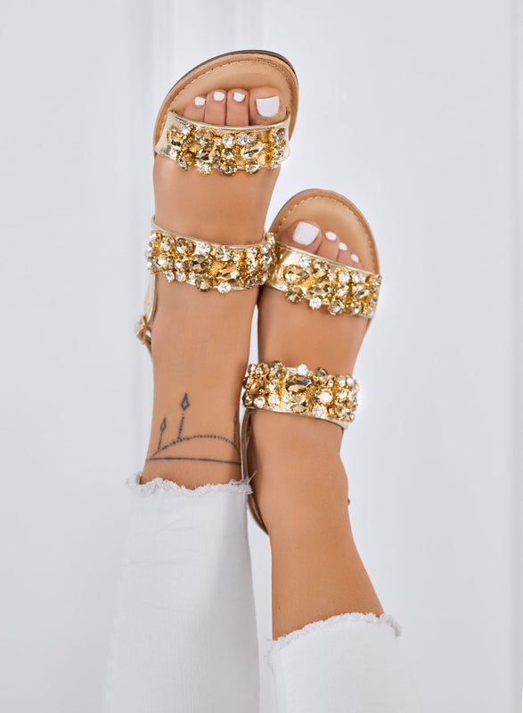 VITTORIA - Gold jeweled sandals with low heel and rhinestones