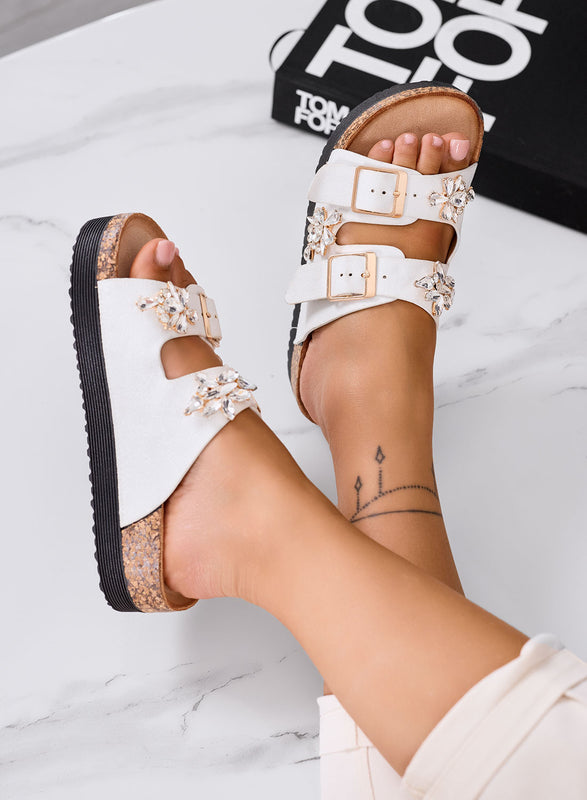 MONNALISA - Sandales mules plateformes blanches avec double boucle et strass