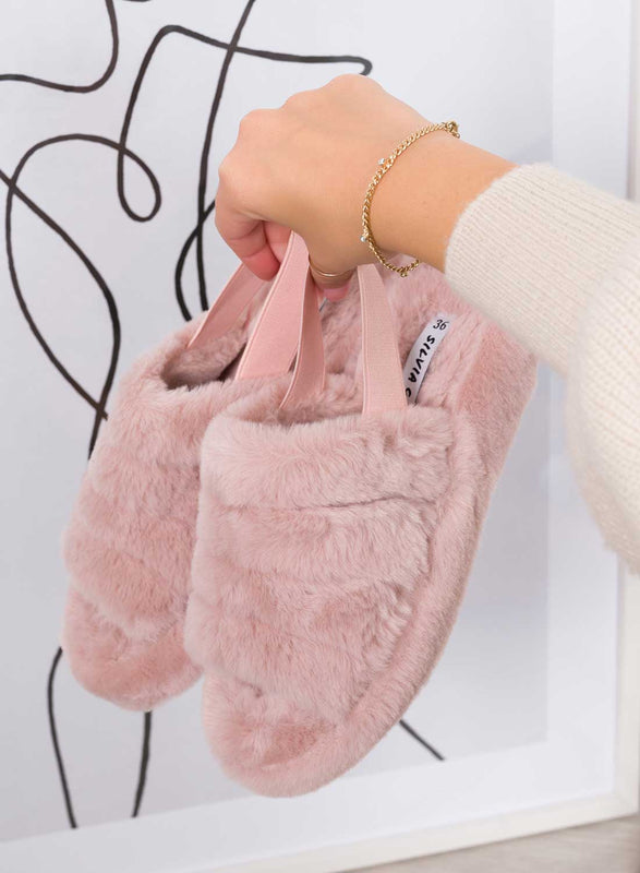 KEIRA - Chaussons roses en fausse fourrure avec élastique