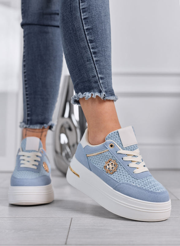 CLARA - Blue Platform Sneakers with Woven Inserts and Gold Details
